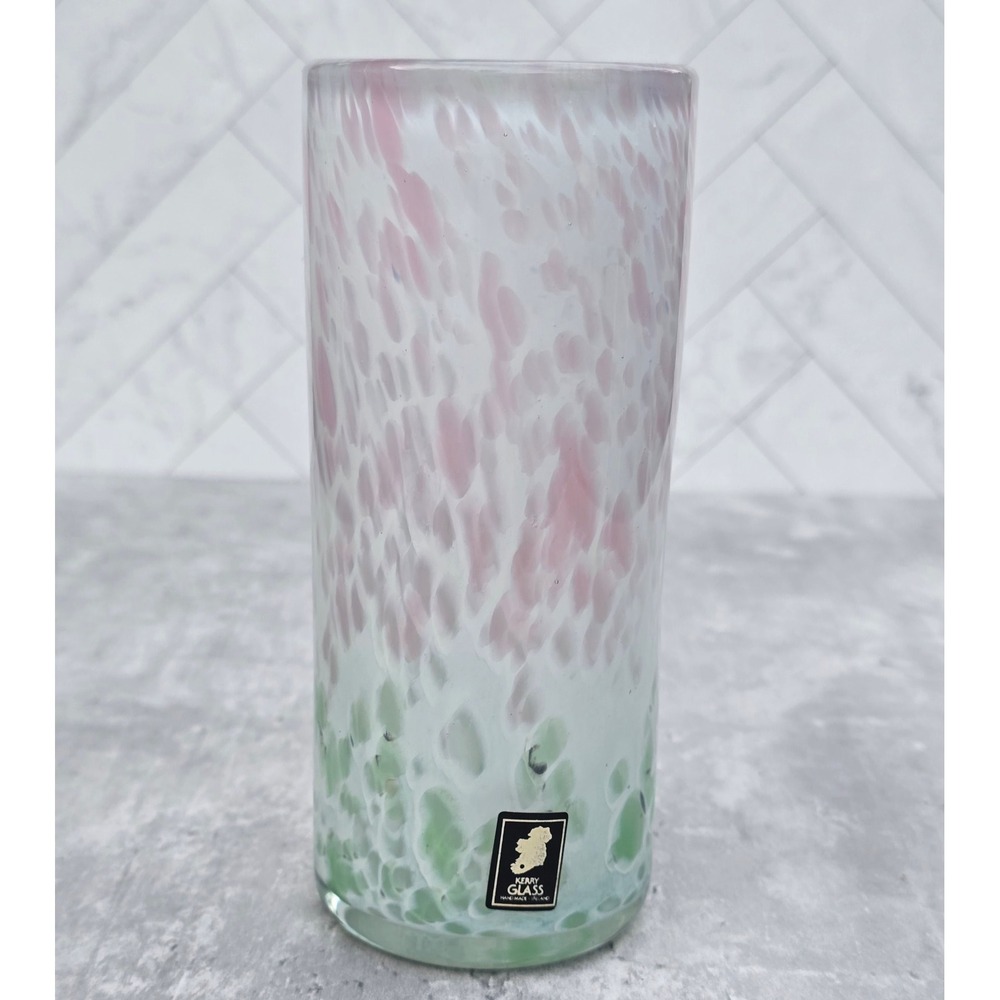 Kerry Glass Handmade Irish Art Glass Cylinder Vase Pink Green Mottled Confetti